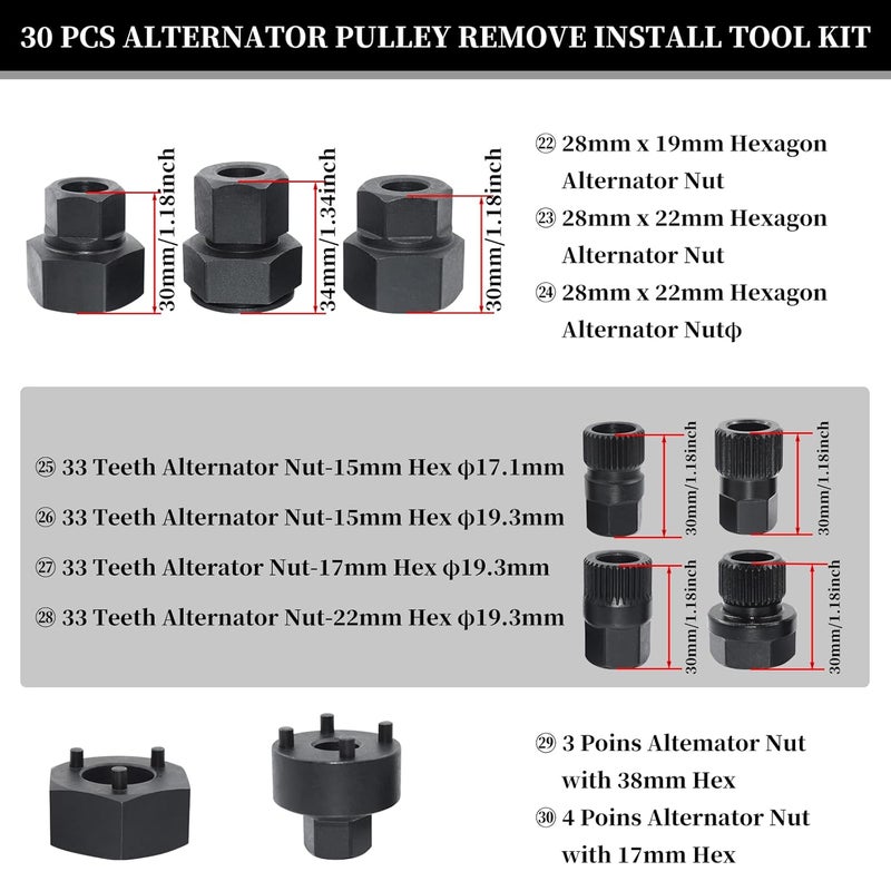 Yuesstloo 30PCS Alternator Pulley Remove Install Tool Kit, Compatible with VW Audi Ford BMW Benz Volvo GM Toyota Buick Chevrolet, Alternator Decoupler Pulley Tool, Clutch Freewheel Removal Socket Bit Set - Image 5